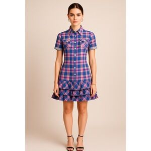 Cute Plaid Ruffle Dress Short Sleeve Button Front Girls Teen Women XS